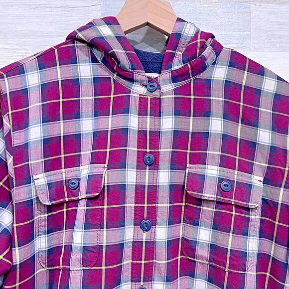 LL Bean Hooded Fleece Lined Shacket Red Blue Plaid Shirt Jacket Womens Large - Picture 2 of 6